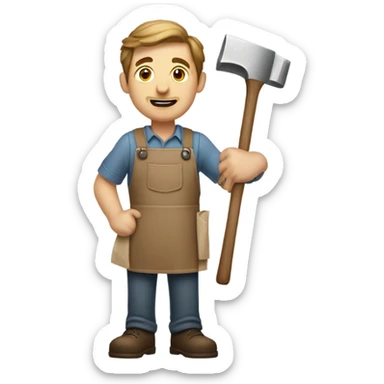 "A sturdy man with rough hands, short light brown hair, and a friendly, naive expression. He wears a work apron over simple clothes and holds a hammer or wood in a rustic workshop." sticker