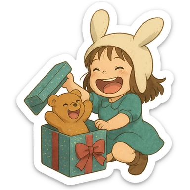 full-body laughing chibi girl in bunny hat opening glittery gift box with laughing teddy bear inside, soft Ghibli style sticker