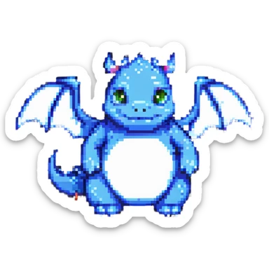 pixel art chubby dragon with very small wings, playful pose sticker