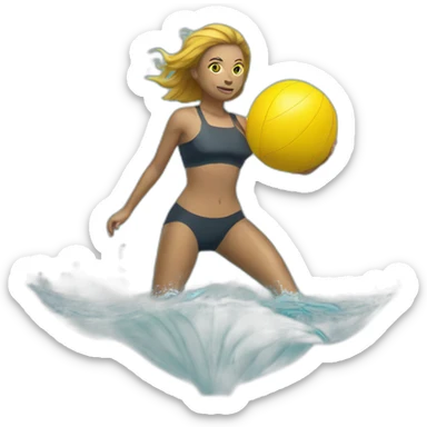 Underwater woman, swimming with fins, snorkel equipement, holding a yellow ball, looking strong and fighting sticker