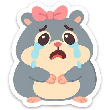 a small, round gray hamster with tears in its eyes and a pink ribbon on its head, soft pastel style sticker