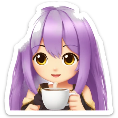 plutia from hyperdimension neptunia drinking a coffee, anime, chibi, colorful sticker
