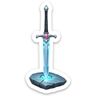 Shining silver sword with jeweled hilt, stuck in a stone, glowing aura.  sticker