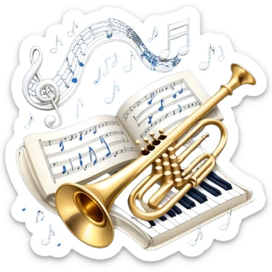 Create an elegant and refined emoji that represents orchestration and arrangement. The design should feature a musical score or sheet music with various orchestral instruments like a violin, a trumpet, and a grand piano subtly integrated into the composition. Add a conductor's baton, symbolizing the guiding hand of orchestration, and flowing musical notes that move between the instruments. Use rich, classic colors like gold, silver, and deep blue to evoke the sophistication of orchestral music. The background should be transparent, with a touch of intricate details to represent the complexity of orchestration. sticker