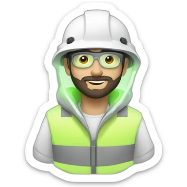 A young electrical engineer with a light black beard, a white helmet and a phosphorescent protection jacket sticker