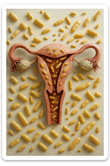 utero umano realistico con batteri della candida intorno, la foto si deve vedere per intero in formato verticale, sullo sfondo neutro chiaro ci sono batteri della candida, iperrealistico 4k sticker