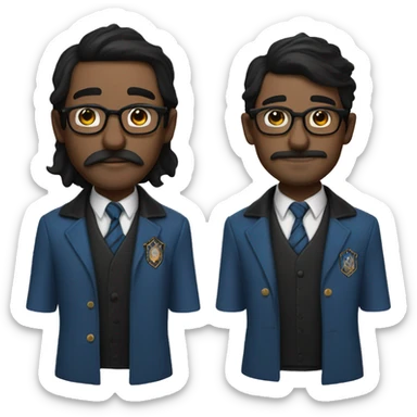 man with white skin, black longer and straight hair, mustache, glasses, with a magic hat, ravenclaw sticker