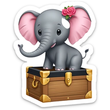 Une boite à trésor ouverte, avec un éléphant rose qui sort sa tête sticker