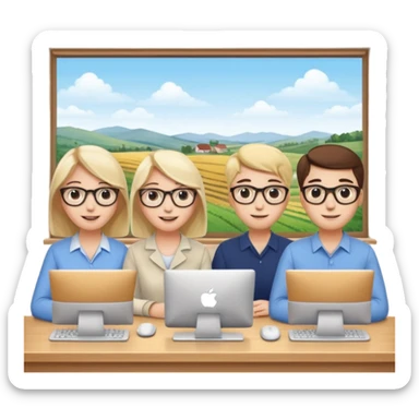 Watching computer Employees of a startup company with a countryside view outside the window sticker