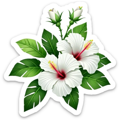 bouquet white Hawaiian hibiscus, luxuriant, stem, leaf, bud sticker