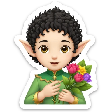baby elf black curly hair with pointy ears, hold flowers sticker