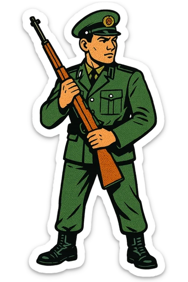 The full body of an east German soviet border guard holding a 1950s rifle close to his body sticker
