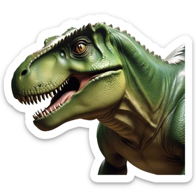 Beautiful and Majestic T-rex Portrait Emoji, Head and body resting peacefully with a serene, confident expression, showcasing its colossal, muscular form and a subtle, regal glint in its eyes, Simplified yet exquisitely endearing features, highly detailed, glowing with a soft, drowsy prehistoric light, high shine, relaxed and utterly majestic, stylized with an air of ancient splendor, soft glowing outline, capturing the essence of a beautiful and majestic T-rex that feels destined to become the next viral icon of awe-inspiring dinosaur beauty! sticker