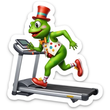 a frog running on the treadmill with the clown shoes and clown face a frog is a little bit fat sticker