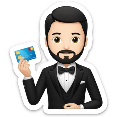 make a genmoji of a boy with a an amex card in hand and wearing a tux, black hair. bearded sticker