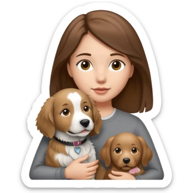 Girl with brown hair holding grey white and black golden retriever dog sticker