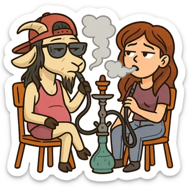 goat for Telegram stickers inspired by reference https://attic.sh/feoducyurkpqwz0la088soao98sx: wearing a cap, glasses, mullet hairstyle, pink drunkard tank top, sitting on a chair, smoking hooka with a girl https://i.ytimg.com/vi/x9PRt8xgy7Y/hqdefault.jpg . transparent background  sticker