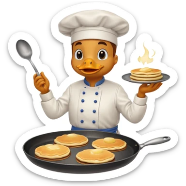 A chef duck wearing a tiny apron, making pancakes on a pan sticker