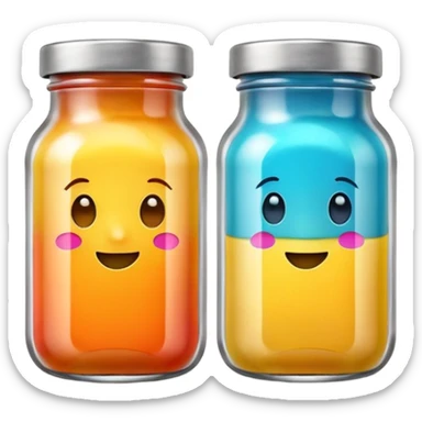 two small glass jars with metal lids filled with colorful purée no label or extras soft lighting subtle shadows emoji scale sticker
