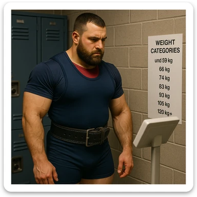 Powerlifter in locker room, looking at a scale and a list of weight categories, focused gaze, sportswear, decision-making atmosphere, realistic details, locker room background sticker