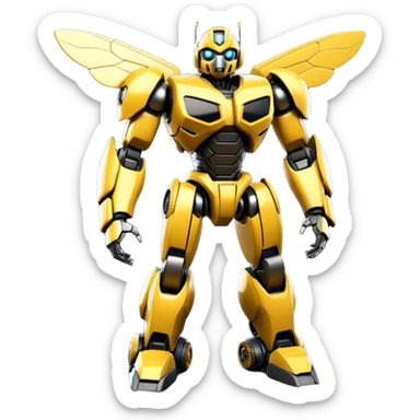 Futuristic robotic bumblebee character in the exact style of Bumblebee from Transformers movies, highly detailed 3D model sticker