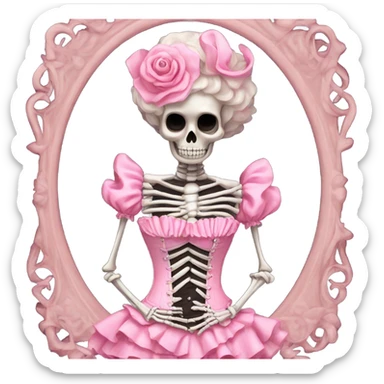 Skeleton wearing a pink laced corset top with ruffles  sticker