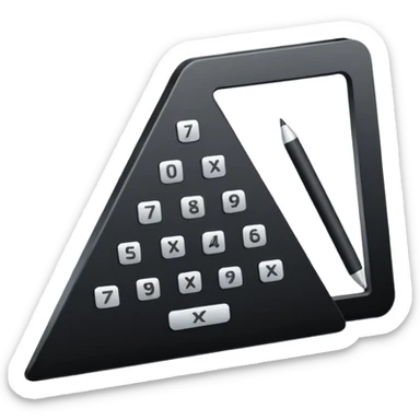Minimalistic flat vector icon, iOS style, thin black contour on white background. Calculator and geometric shapes (triangle, circle). No text, no shadows. sticker
