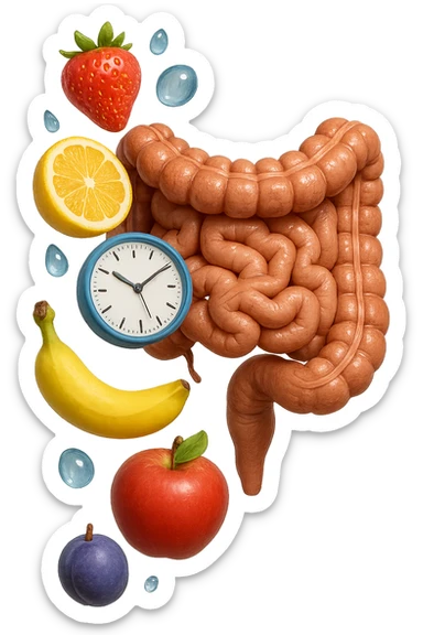 frutta mista cade dall'alto verticalmente insieme a 3 gocce di acqua 3d e un orologio da parete, davanti a questi elementi c'è un intestino umano anatomico iperrealistico sticker