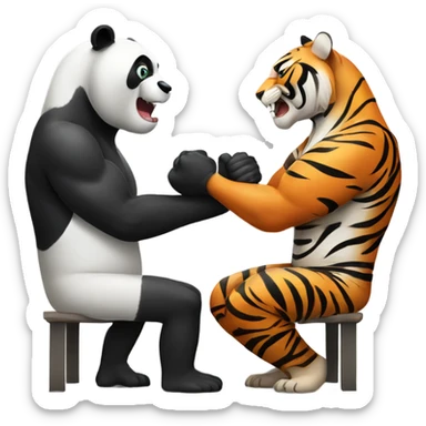 A sweaty panda arm wrestling a confident tiger sticker
