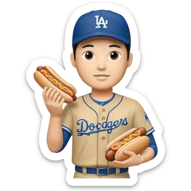 Shohei Ohtani bobblehead holding a dodger dog and a big hand #1 with a hotdog graphic on  it  sticker