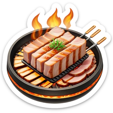 Cinematic Realistic Samgyeopsal Dish Emoji, depicted with sizzling, thick slices of pork belly grilled to perfection rendered with rich textures and warm, inviting lighting. sticker