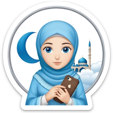 Turkish beautiful finish Konya girl blue eyes with cloudy hijab islamic dress and had on her hand text Eid Mubarak  sticker