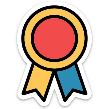 performance badge with gold and colorful elements, elegant and minimalist flat design, award badge style, 2D flat vector, trending icon look, soft shadows, no text, isolated on white background, perfect for commercial use sticker