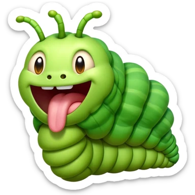 Cinematic Realistic Cute Yawning Caterpillar Portrait Emoji, Head tilted slightly with a dramatic, wide-open yawn, showcasing a soft, downy segmented body in vivid green with subtle drooping and half-closed, drowsy eyes, rendered with intricate natural texture and gentle shadows, high shine, relaxed yet expressive, styled with a dash of woodland charm, soft glowing outline, capturing the essence of a sleepy yet affectionate caterpillar that appears ready to stretch out and rest among the leaves! sticker