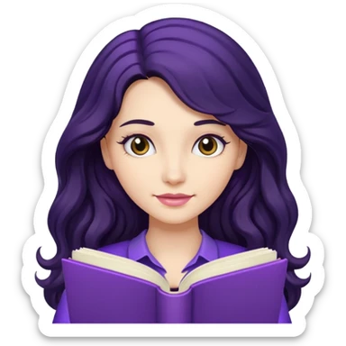 Long Hair Women with purple Book, Black wavy hair sticker