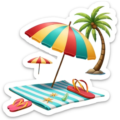 Icon for Beach Tourism: with the ocean and palm trees in the background, a sun umbrella, flip-flops, and a beach towel on the sand. The icon should represent relaxation and fun at the beach. Transparent background. sticker