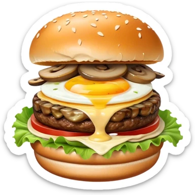 Burger with egg, mushrooms, carmelized onions, and truffle aioli  sticker