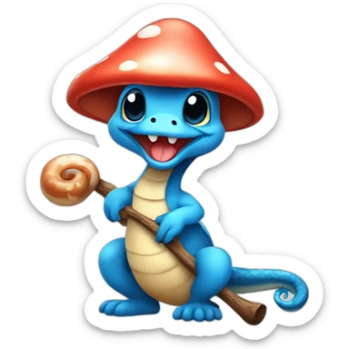  Cute Blue snake NO ears wearing a mushroom cap carrying a stick in one arm standing on two legs sticker