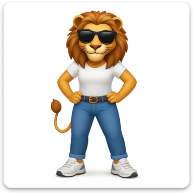 Add trainers (athletic shoes) to the friendly anthropomorphised female lion character, full body, standing confidently with legs shoulder width apart and hands on hips, wearing jeans, a white t-shirt, and dark sunglasses, with a confident smile in Apple emoji style sticker
