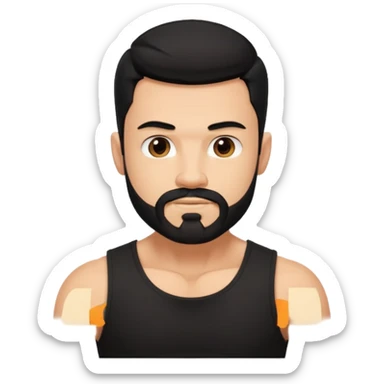generate an ios genmoji of a fair guy with black wearing a sleevless black tshirt with big biceps and a goatee style beard sticker