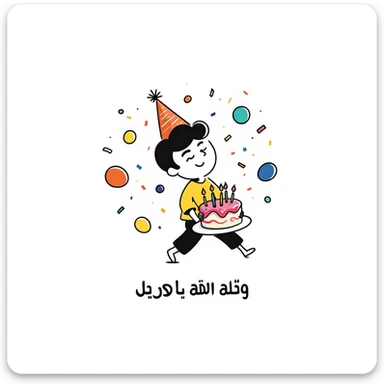 Vibrant, multi-colored illustration of a little boy with a colorful birthday cake, lots of colorful confetti, balloons, and party elements. Below the illustration, in a separate text area, write in very clear, large Persian characters: "امیدرضا جان تولدت مبارک" sticker