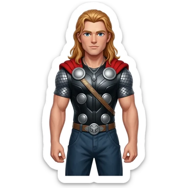 Thor from Norse Mythology with blue eyes, long red hair, black metallic shirt, dark blue metallic baggy pants, silver necklace sticker