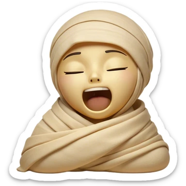 Cinematic Cute Yawning Mummy Portrait Emoji, with a snug, slightly askew bandaged form in warm, faded tones with gentle golden accents, head tilted back in a big, sleepy yawn revealing cute hints of ancient charm, simplified yet adorably detailed, glowing with a soft, nostalgic radiance and a gentle outline that captures a mummy’s tender need for rest! sticker