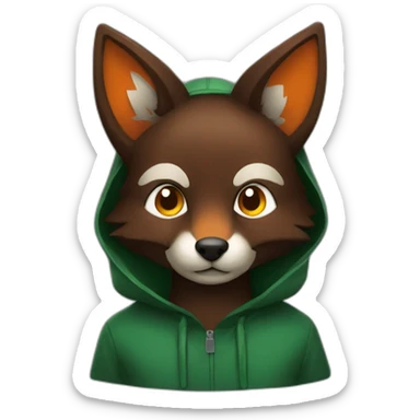 a small dark brown fox with orange eyes with a dark green hood that smile sticker