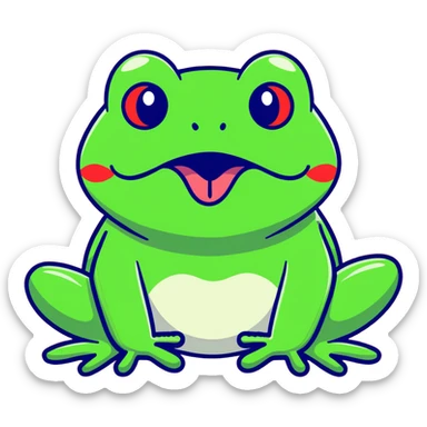 Exaggerated cartoony green frog with big bulging cross-eyes and long tongue sticking out, comic-style with silly expression sticker
