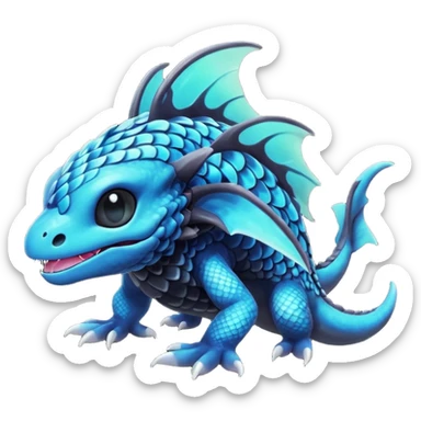 Multicolored dark shiny bioluminescent glowing black and cyan and blue gloomy spooky cute adorable scales-covered pretty cool elegant realistic abyssal exotic Fakémon-Pokémon-Trico-creature, full body sticker