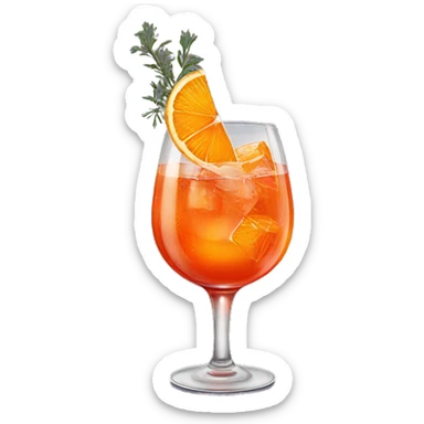 One Aperol spritz in a wine glass with three ice cubes, one slice of an orange, and one strand of thyme in it sticker