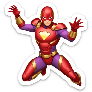 "A high-quality die-cut sticker of a tech-based armored superhero in a dynamic flying pose. Vibrant red and gold metallic plating, glowing circular chest piece, thick white border, flat vector art style, white background." sticker