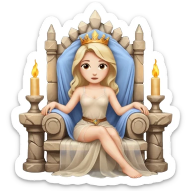 Woman reclining on a stone throne, sheer fabric, torchlight, dangerous sticker