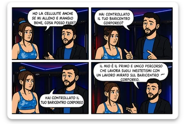 TRASFORMA QUESTO CAROSELLO IN UN FUMETTO CON QUESTE DUE PERSONE IDENTICHE CHE INTERLOQUISCONO TRA LORO:

LEI: Ho la cellulite anche se mi alleno e mangio bene, cosa posso fare?

LUI: Hai controllato il tuo baricentro corporeo?
Sapevi che se il peso del tuo corpo cade in avanti o da un lato, c’è un disallineamento fra bacino e torace, che comprimendo le coste, limita la motilità del diaframma e l’ossigenazione dei tessuti?
Il mio è il primo e unico percorso che lavora sugli inestetismi con un lavoro mirato sul baricentro corporeo. sticker